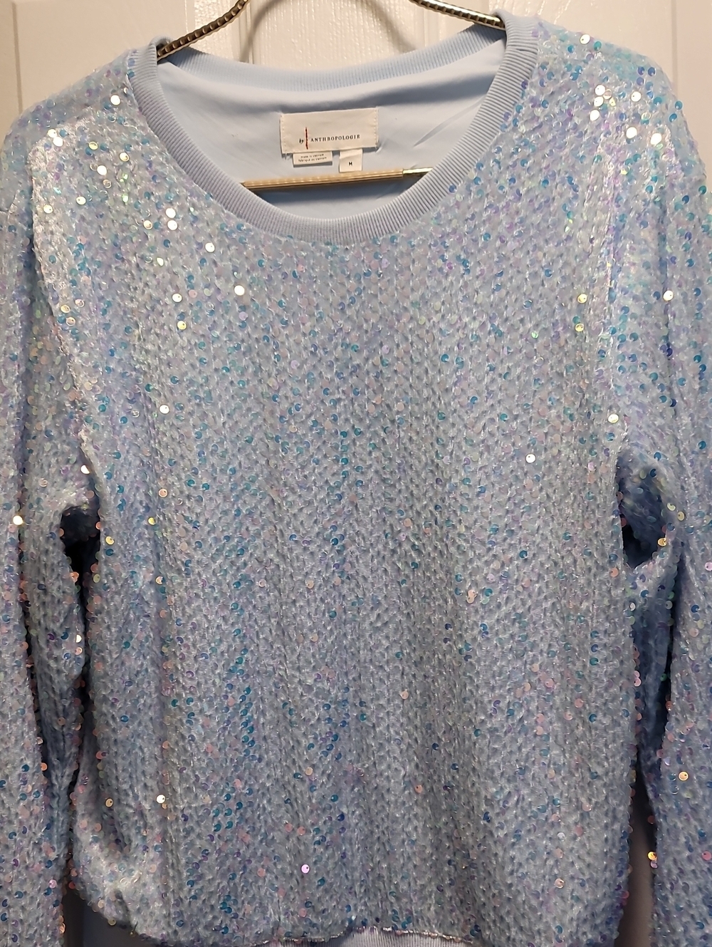 Anthropologie Sparkling Pale Blue Iridescent Sequin Sweater SZ Med - Picture 2 of 10